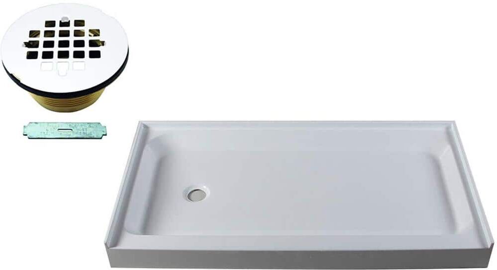 Westbrass 60 in. x 34 in. Single Threshold Alcove Shower Pan Base with Left Hand Brass Drain in Powder Coat White