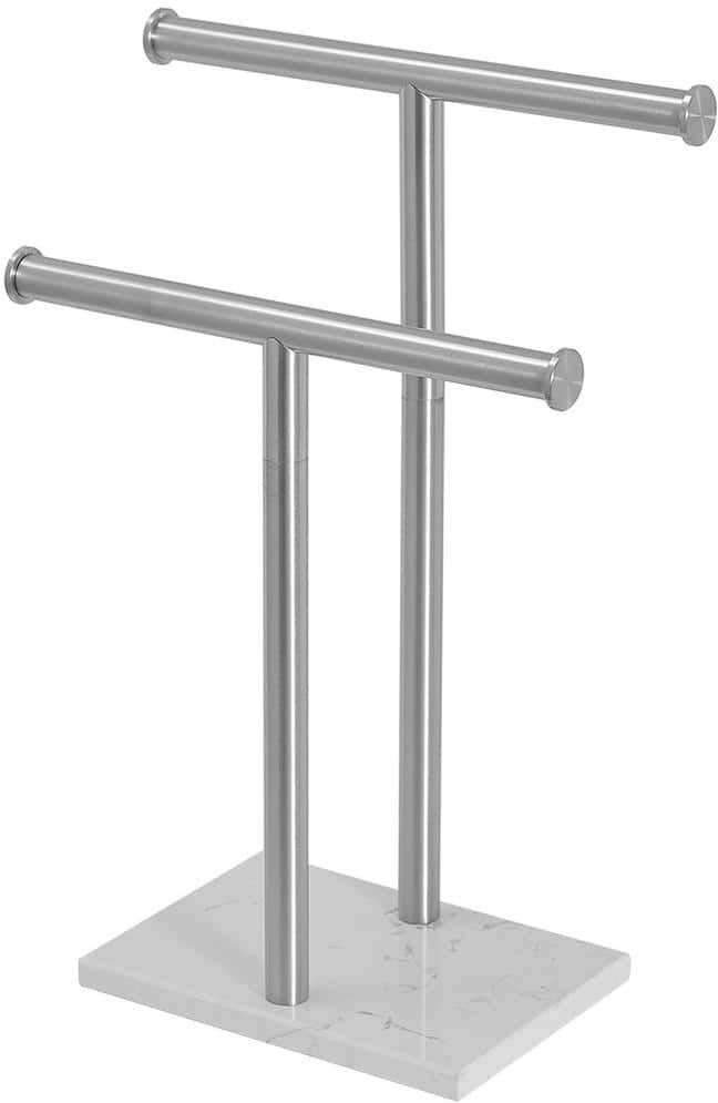 BWE Freestanding Tower Bar with Marble Base Double T-Shape Towel Racks For Bathroom Vanity Countertop in Brushed Nickel