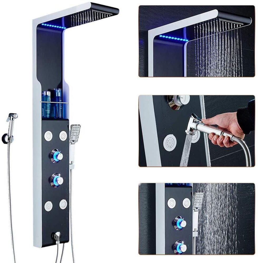 ELLO&ALLO 53 in. 4-Jet Shower Panel System with Shelf LED Rainfall Waterfall Head Handshower and Bidet Sprayer in Silver Black