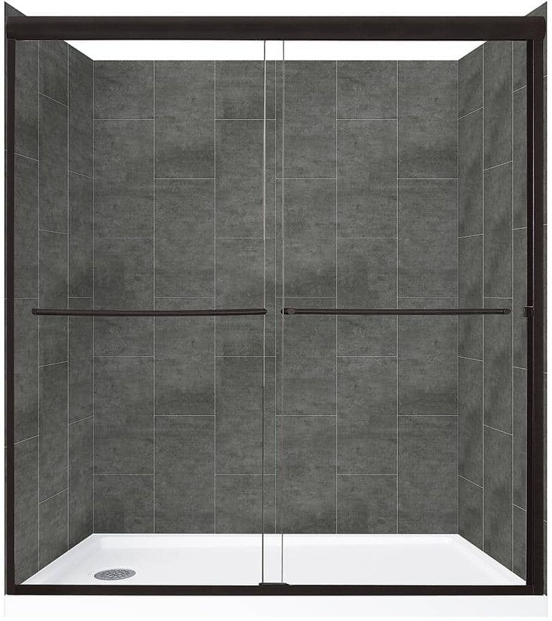 CRAFT + MAIN Cove Sliding 60 in. L x 32 in. W x 78 in. H Left Drain Alcove Shower Stall Kit in Slate and Matte Black Hardware