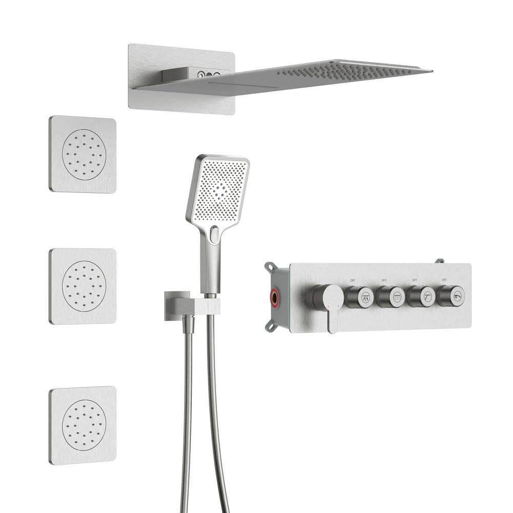 GIVING TREE 3-Jet Rectangular Wall Mount Shower System with With Handheld and Body Spray Thermostatic Massage Jets in Brushed Nickel
