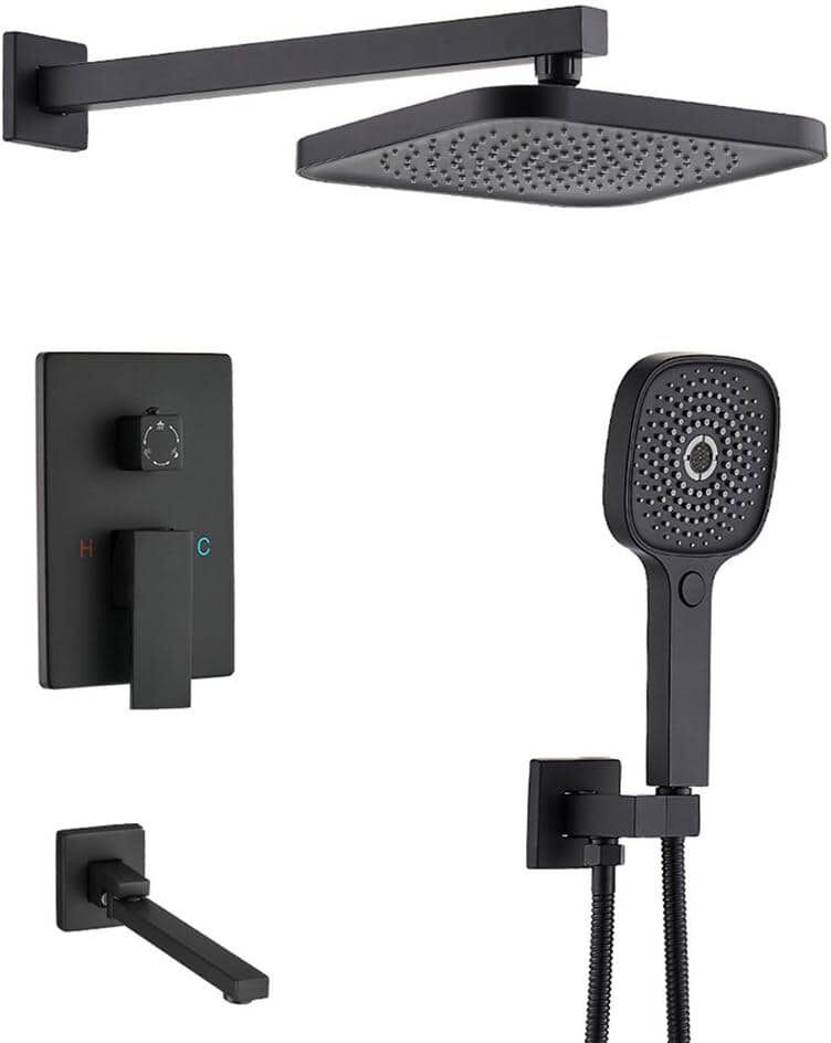 ELLO&ALLO 2-Handle 3-Spray Tub and Shower Faucet Combo Set with 10 in. Rain Shower Head in Matte Black (Valve Included)