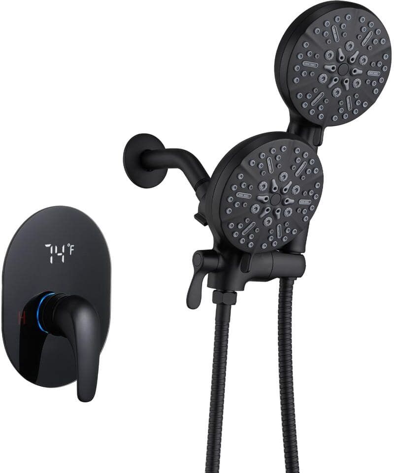 ELLO&ALLO Single Handle 48-Spray Shower Faucet 1.8 GPM and Pressure Balance Valve with LED Display in Matte Black