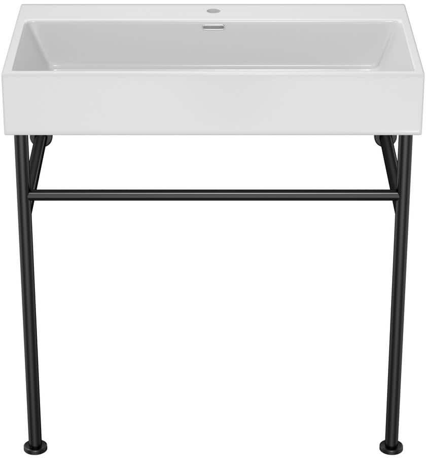 Amucolo 30 in. Bathroom Ceramic Console Sink with Overflow and Black Stainless Steel Legs