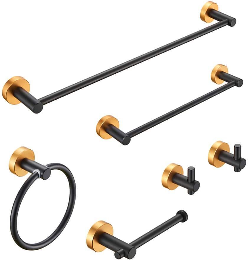 FUNKOL Thicken Space Aluminum Bathroom Hardware Wall-Mounted 6-Piece Set with Super Load-Bearing Capacity in Black+Gold