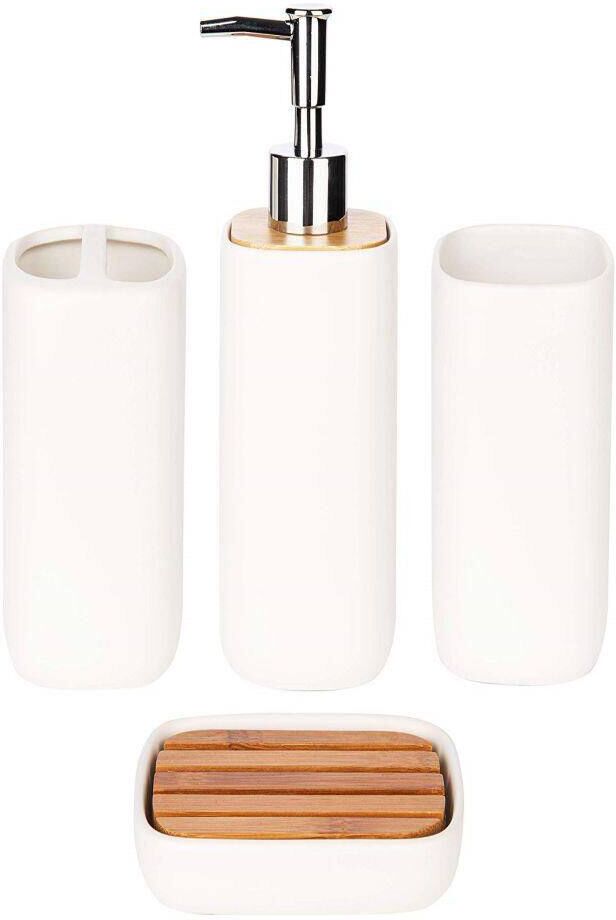 Dracelo 4-Piece Bathroom Accessory Set with Soap Dispenser, Toothbrush Holder, Tumbler, Soap Dish in. White