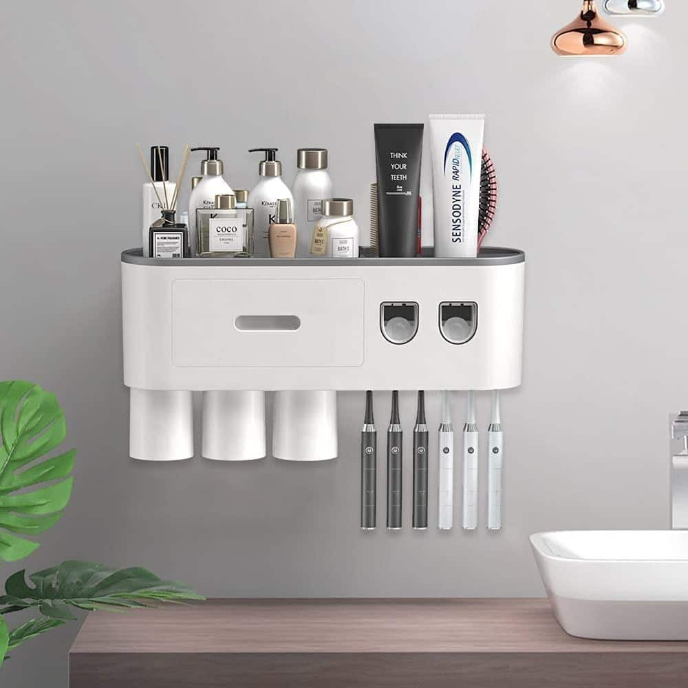 Dyiom Toothbrush Holder Wall Mounted with Double Automatic Toothpaste Dispenser Squeezer Kit, Grey