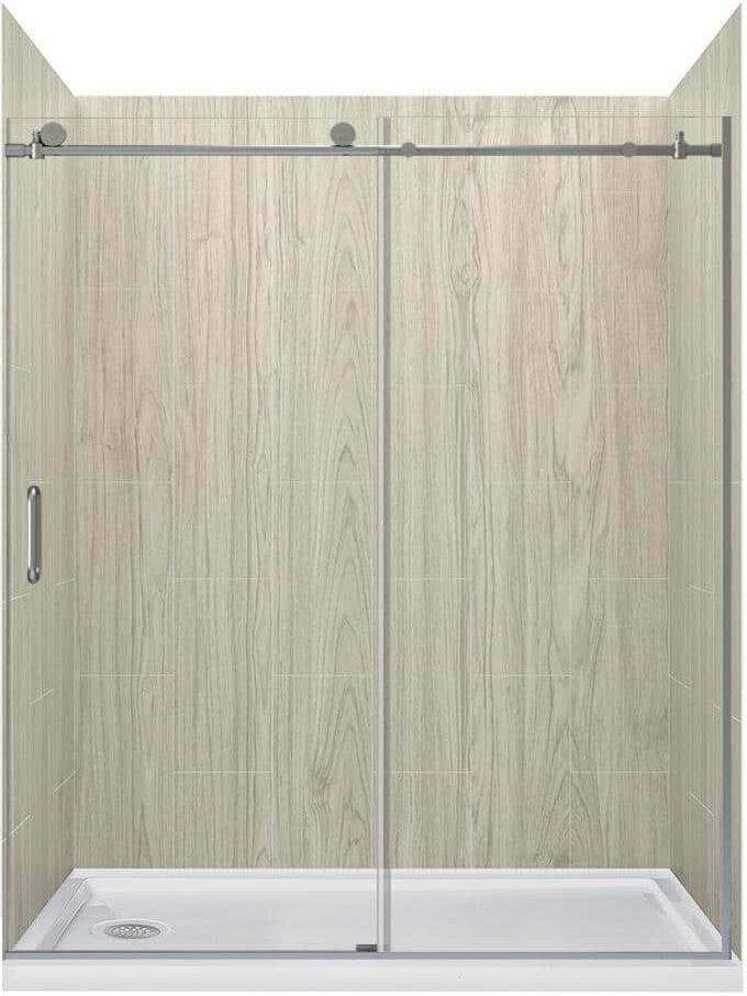 CRAFT + MAIN Jetcoat 60 in. L x 30 in. W x 78 in. H Left Drain Alcove Shower Stall Kit in Driftwood and Brushed Nickel 3-Piece