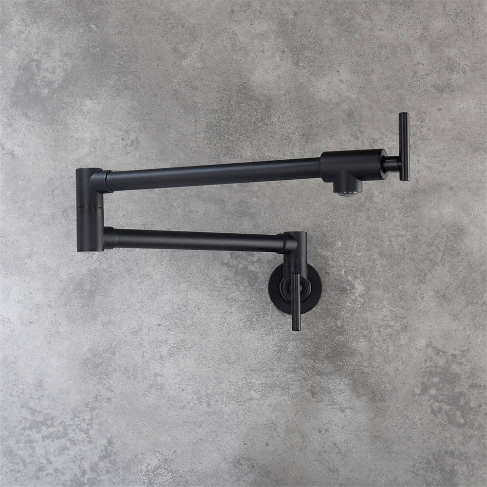 FLG Wall Mounted Pot Filler Double Handle Kitchen Faucet Modern Countertop Retractable 1 Hole Commercial Tap in Matte Black