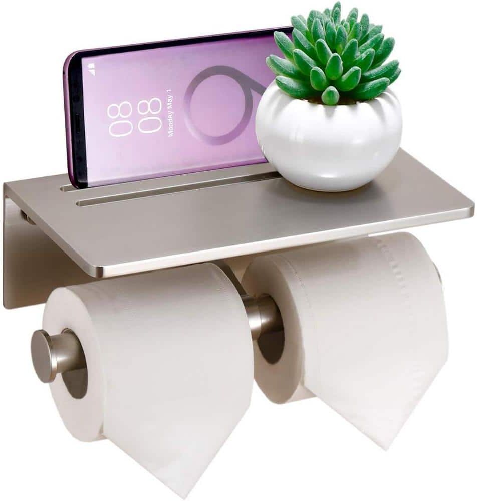 Toilet Paper Holder with Shelf, Aluminum Paper Towel Holder with Bathroom Phone Storage, Brushed Nickel-2 Roll,Nickel