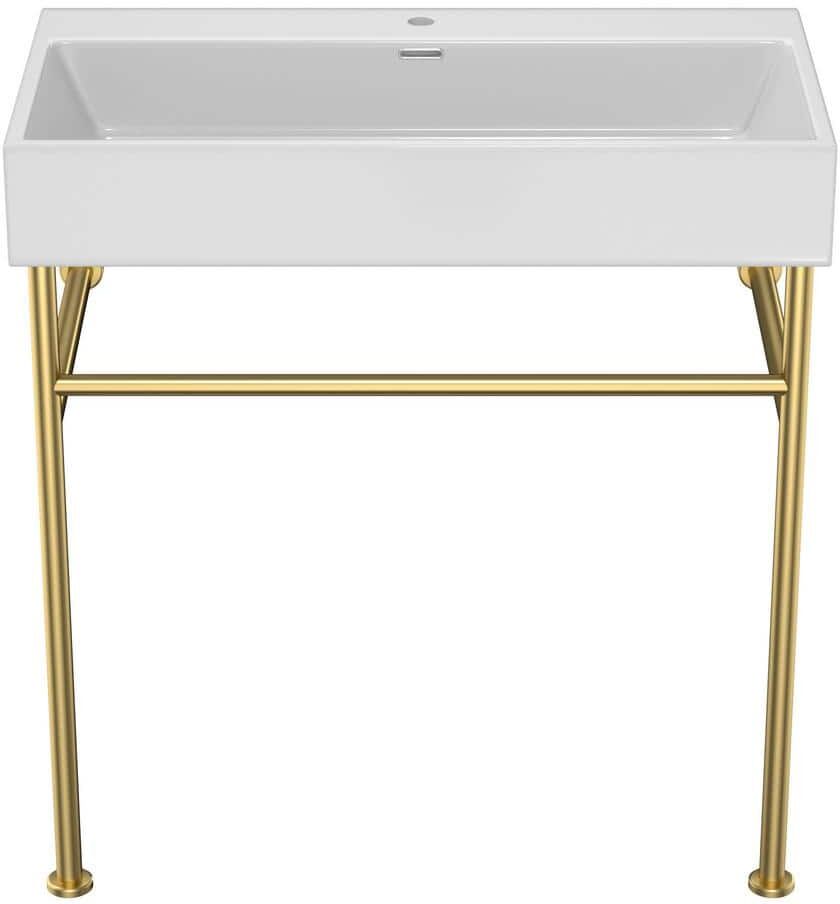 Amucolo 30 in. Bathroom Ceramic Console Sink with Overflow and Gold Stainless Steel Legs