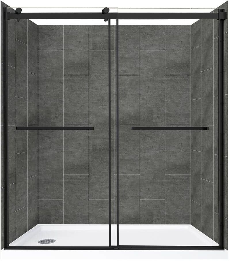 CRAFT + MAIN Lagoon Double Roller 60 in. L x 32 in. W x 78 in. H Left Drain Alcove Shower Stall Kit in Slate and Matte Black Hardware