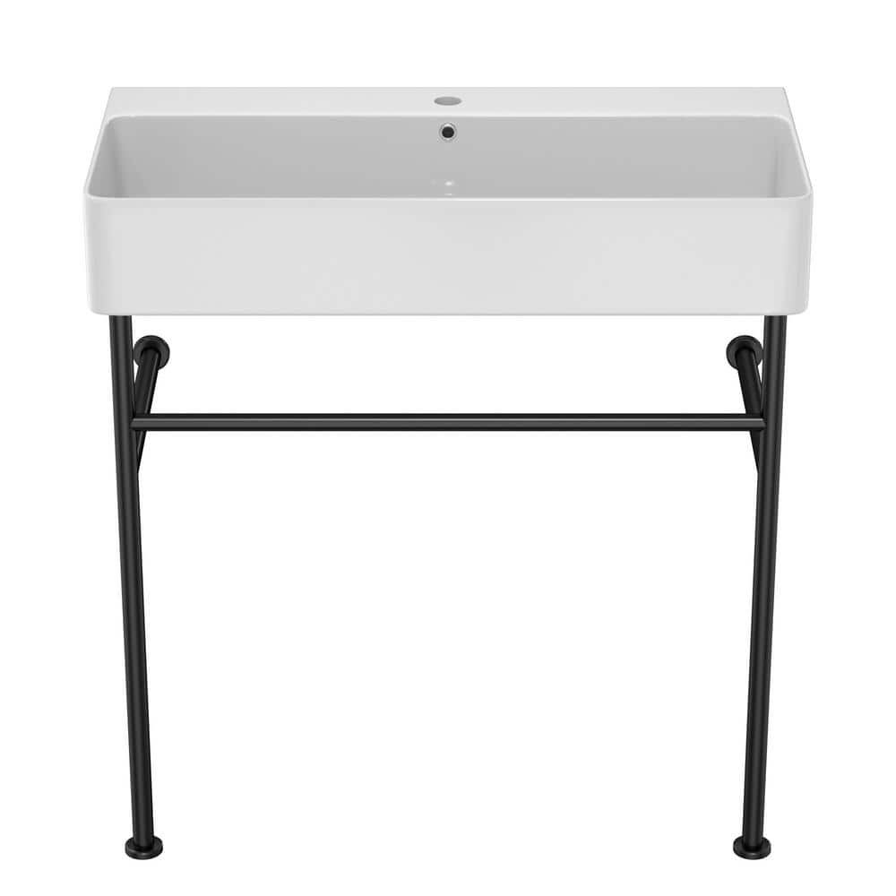 Amucolo 32 in. Bathroom Ceramic Console Sink with Overflow and Black Stainless Steel Legs