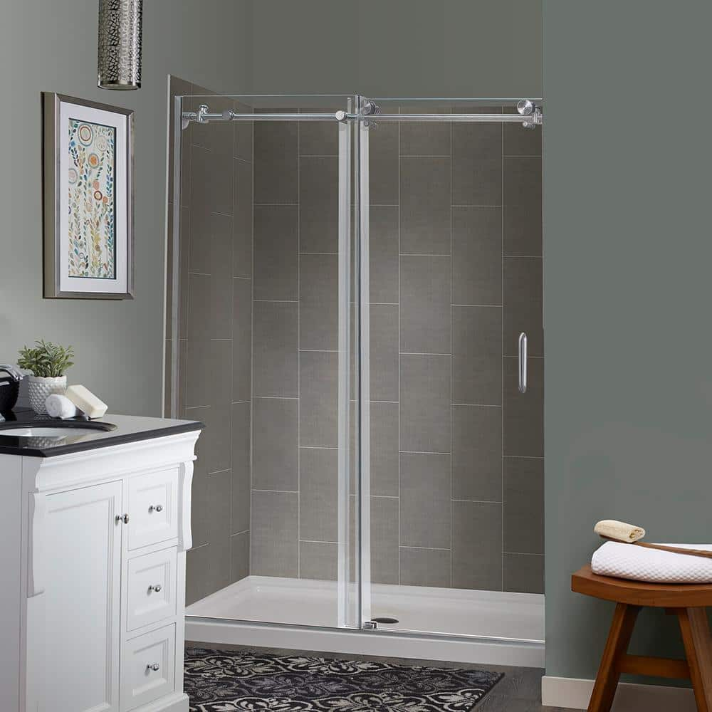 CRAFT + MAIN Marina Sliding 48 in. L x 34 in. W x 78 in. H Center Drain Alcove Shower Stall Kit in Quarry Brushed Nickel Hardware