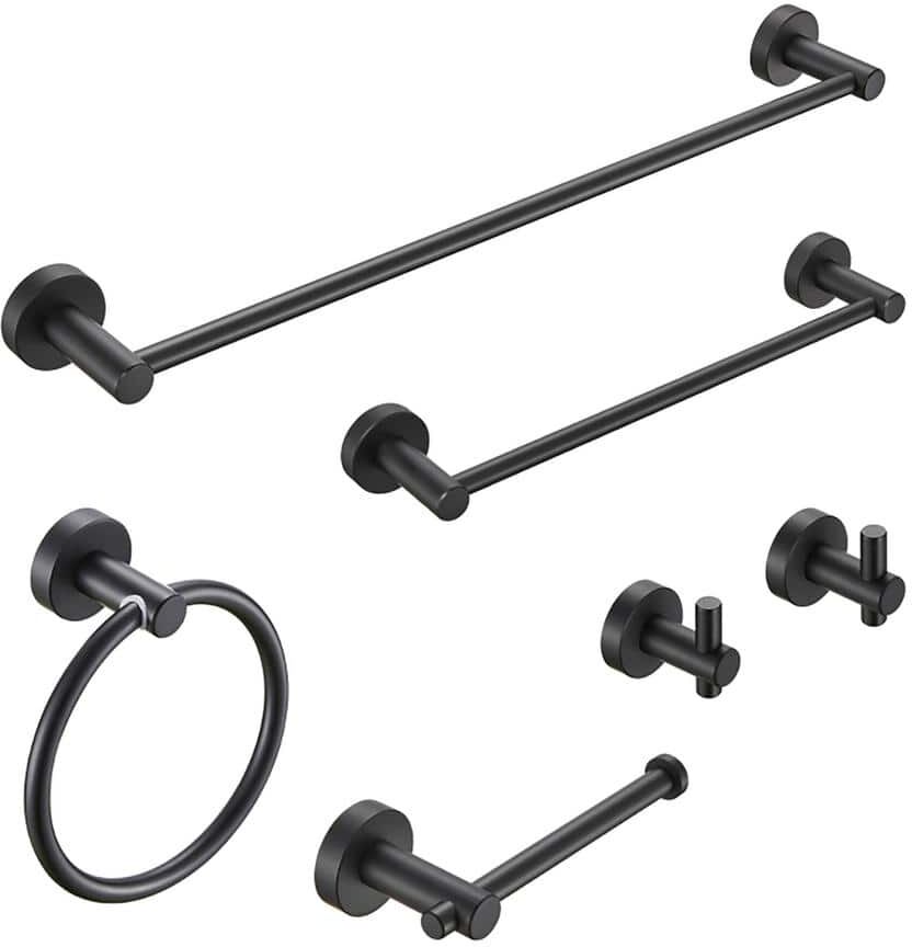 FUNKOL Thicken Space Aluminum Bathroom Hardware Wall-Mounted 6-Piece Set with Super Load-Bearing Capacity in Black