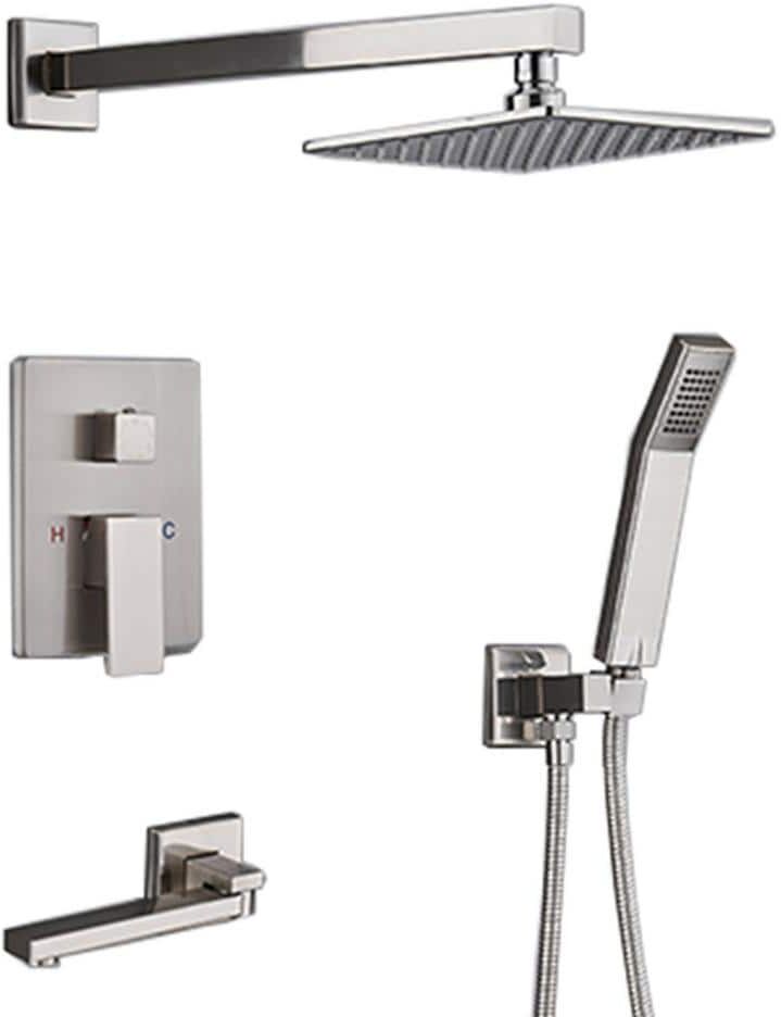 ELLO&ALLO 2-Handle 3-Spray Tub and Shower Faucet and Handheld Combo with 8 in. Shower Head in Brushed Nickel (Valve Included)