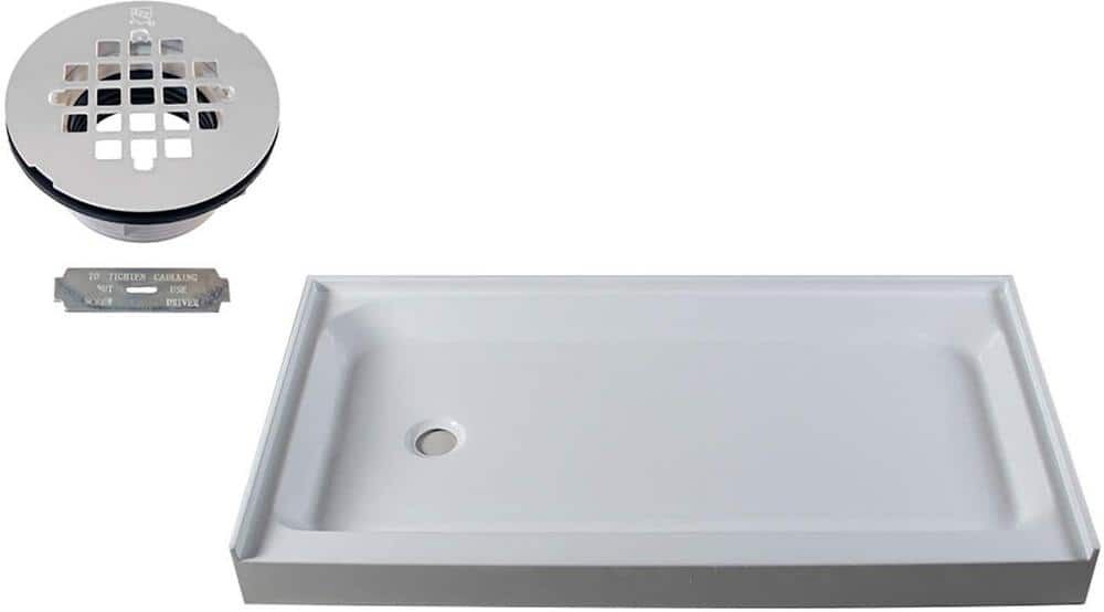 Westbrass 60 in. x 34 in. Single Threshold Alcove Shower Pan Base with Left Hand Plastic Drain in Powder Coat White