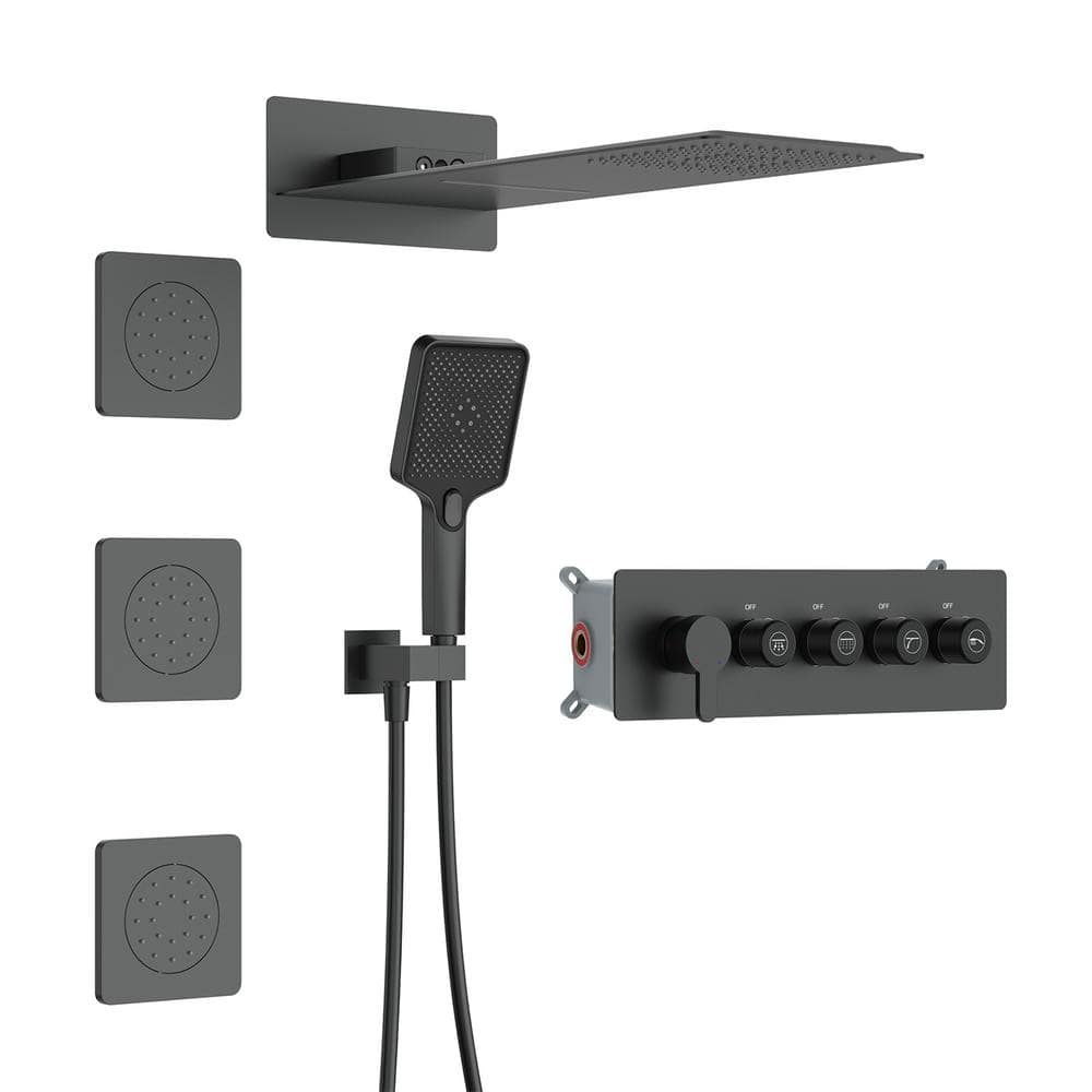 GIVING TREE 3-Jet Rectangular Wall Mount Shower System with With Handheld and Body Spray Thermostatic Massage Jets in Matte Black