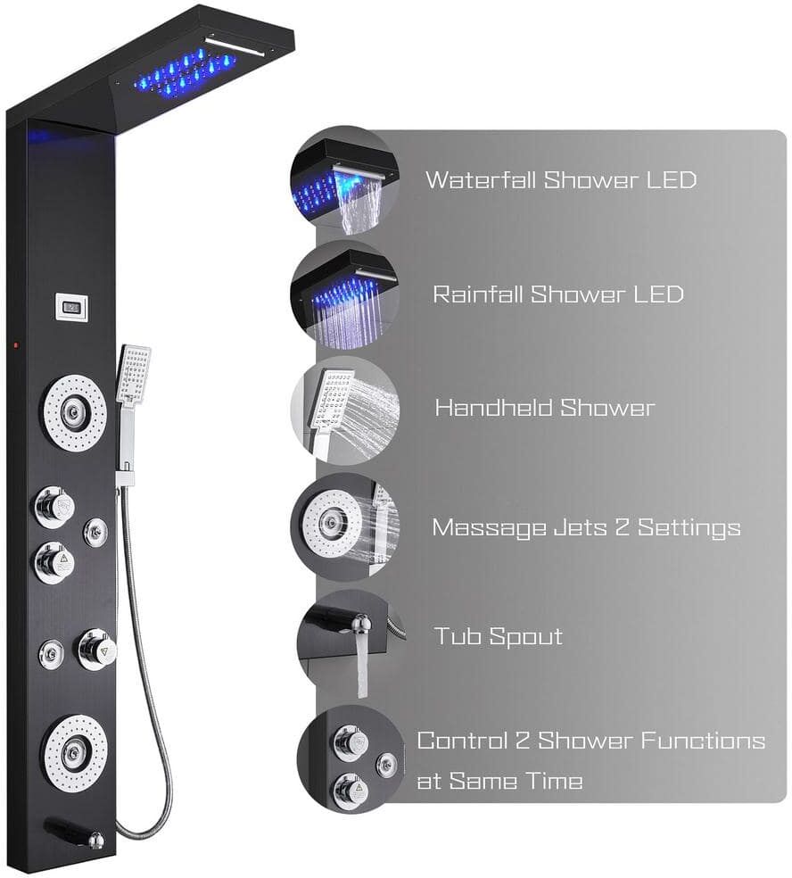 ELLO&ALLO 52 in. 6-Jet Shower Tower Panel System with LED Rainfall Waterfall Shower Head Handshower and Tub Spout in Black