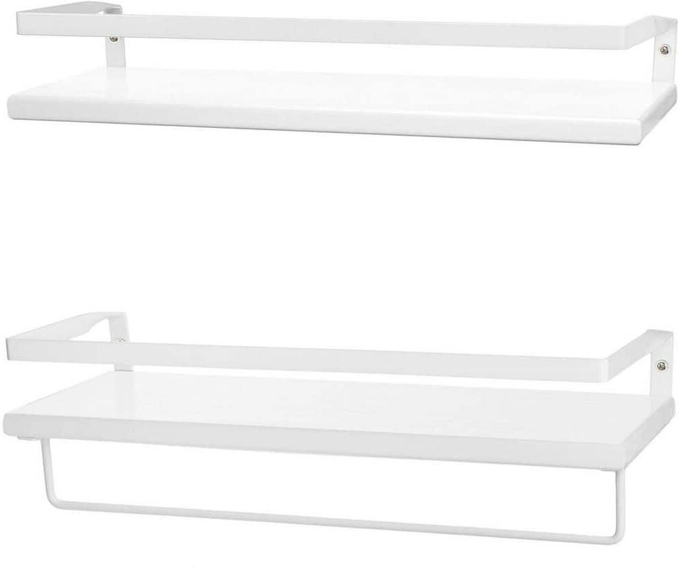 Dracelo 16.75 in. W x 5.5 in. D x 2.75 in. H White Wood and Metal Wall Mount Bathroom Set of 2 Shelves with Towel Bar