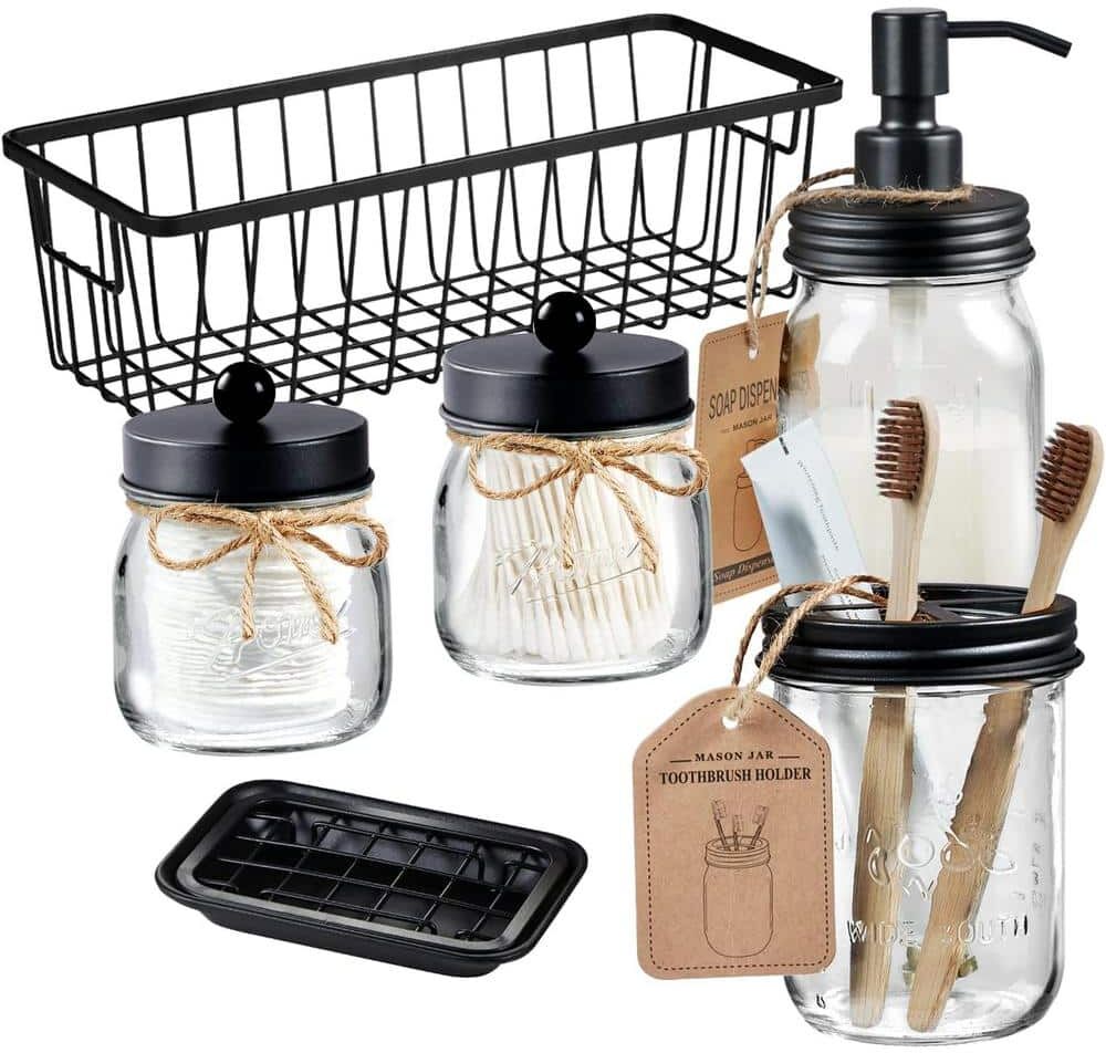 Dyiom Premium Mason Jar Bathroom Accessories Set (6-Pieces) -Black