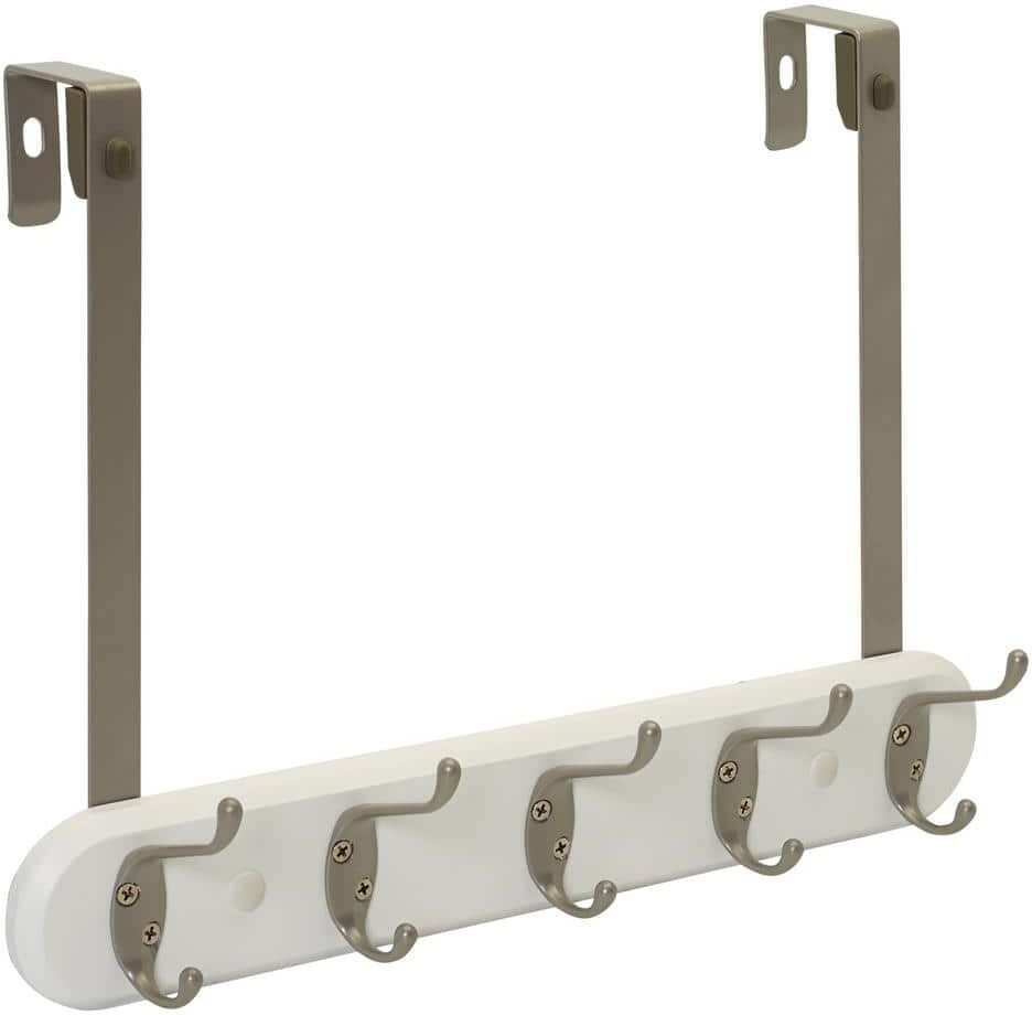 Zenna Home SnugFit J-Hook 5-Hook Over-the-Door or Wall-Mounted Dual-Mount Rack in Satin Nickel with White Wood