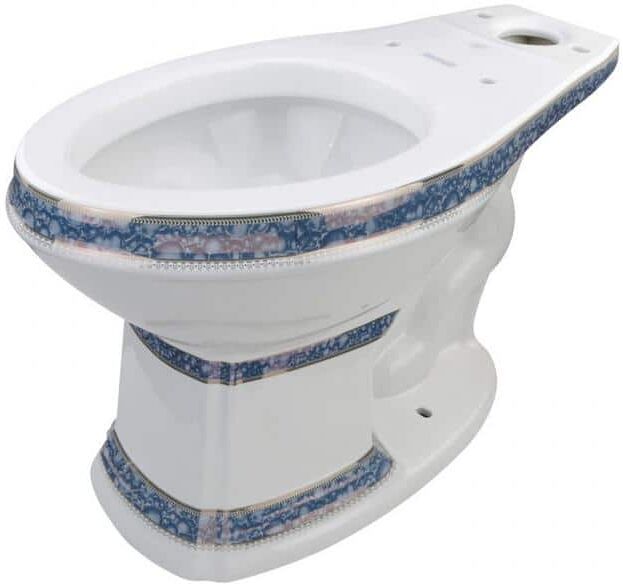 RENOVATORS SUPPLY MANUFACTURING Blue and Gold India Reserve Design Porcelain Elongated Bathroom Toilet Bowl Only in White