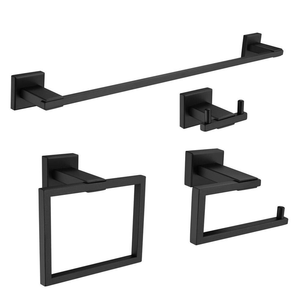 Aurora Decor Goris 4-Piece Bath Hardware with Towel Bar, Towel Ring, Toilet Paper Holder, Towel Hook in Matte Black