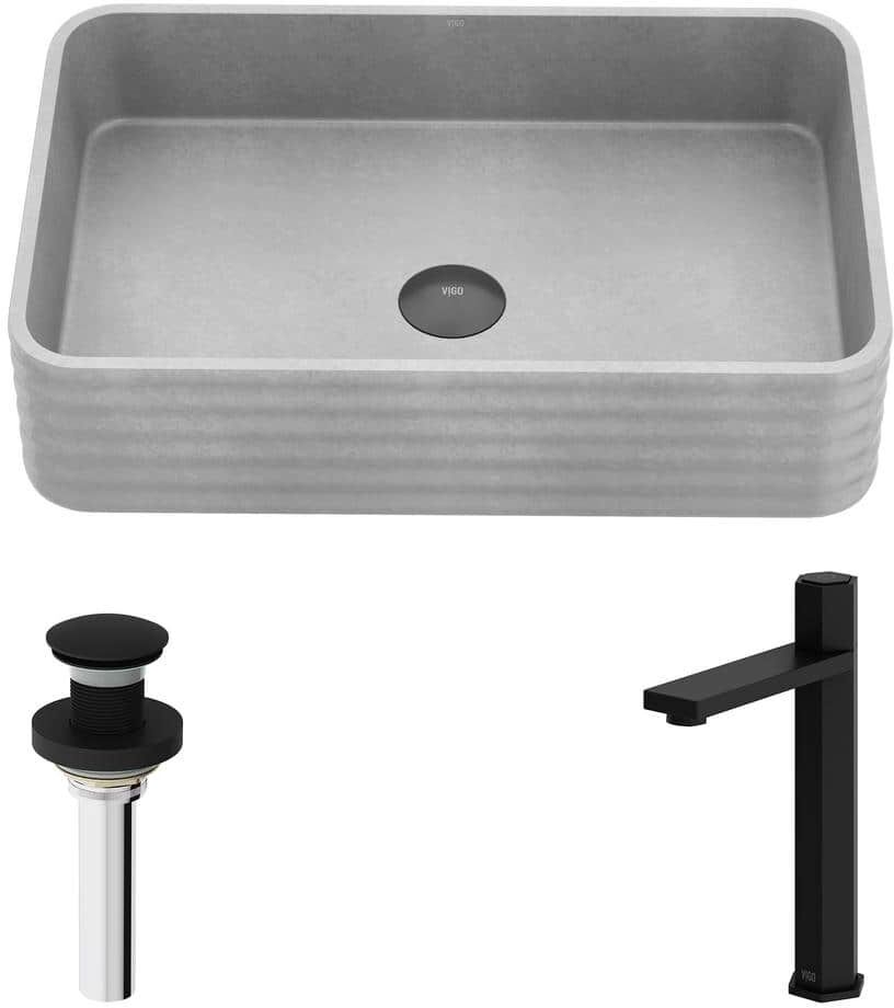 VIGO Cadman Concreto Stone Rectangular Fluted Bathroom Vessel Sink with Nova Vessel Faucet and Pop-Up Drain in Matte Black