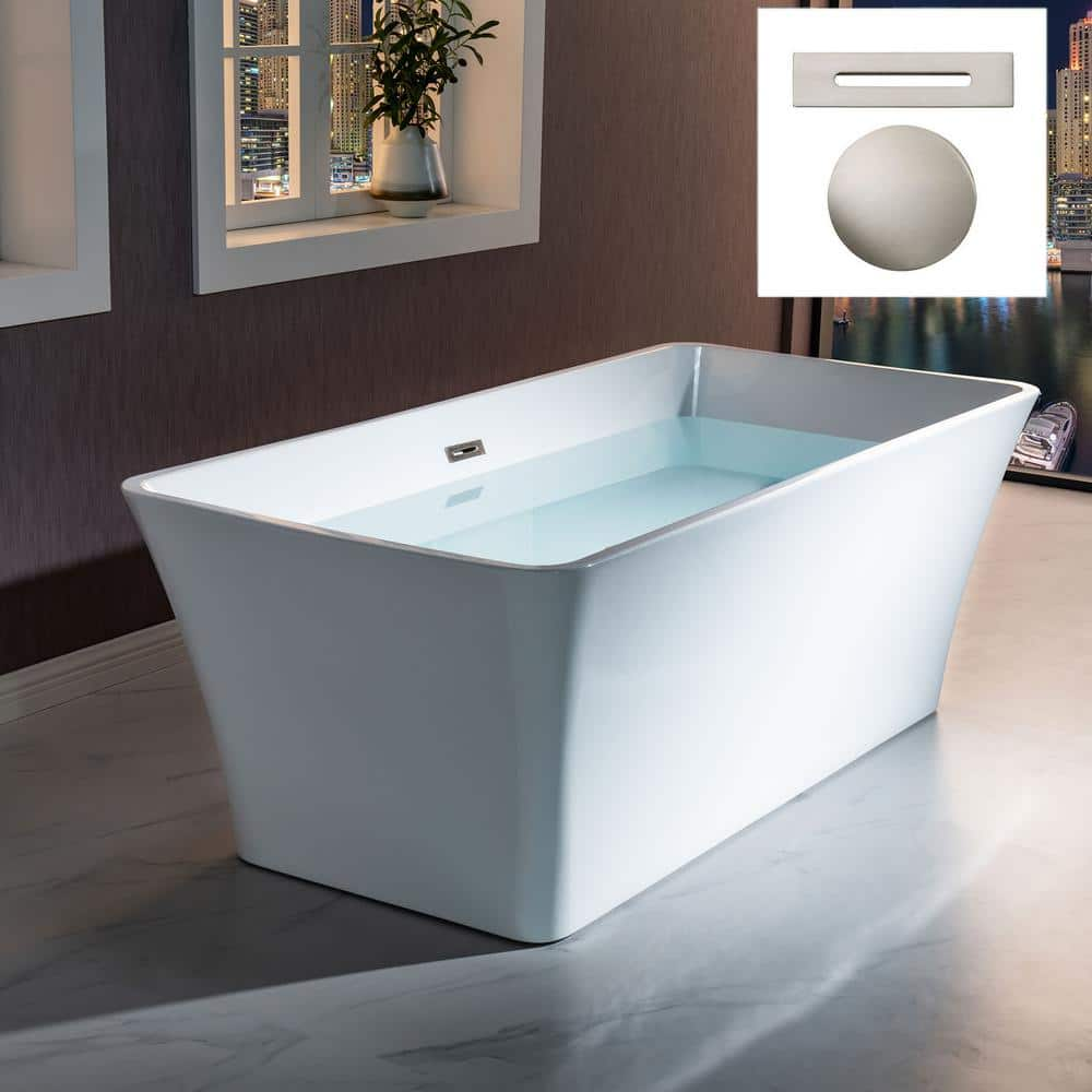 WOODBRIDGE Smile 67 in. Acrylic FlatBottom Rectange Bathtub with Brushed Nickel Overflow and Drain Included in White