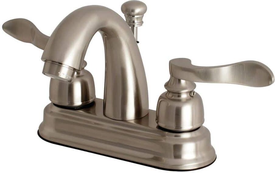 Kingston NuWave French 4 in. Centerset 2-Handle Bathroom Faucet with Plastic Pop-Up in Brushed Nickel