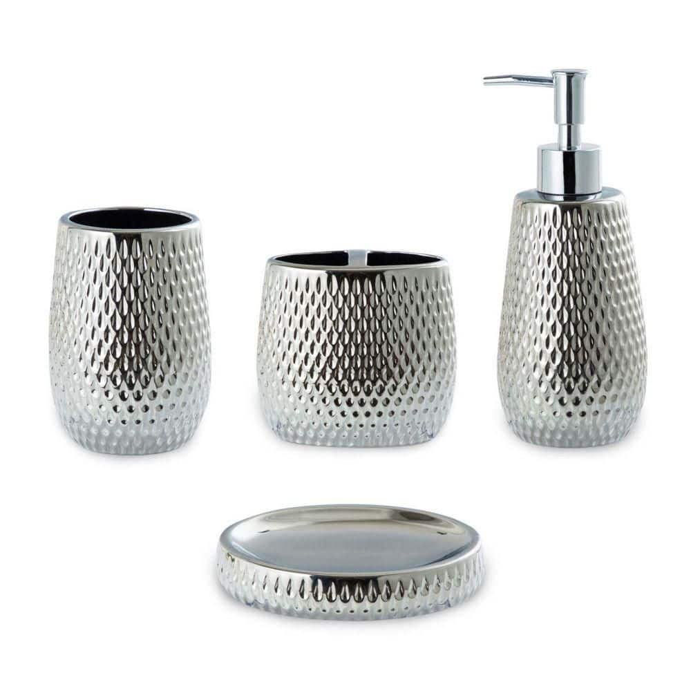 Dracelo 4-Piece Bathroom Accessory Set with Toothbrush Holder and Dish, Tumbler, Soap Dispenser in Silver
