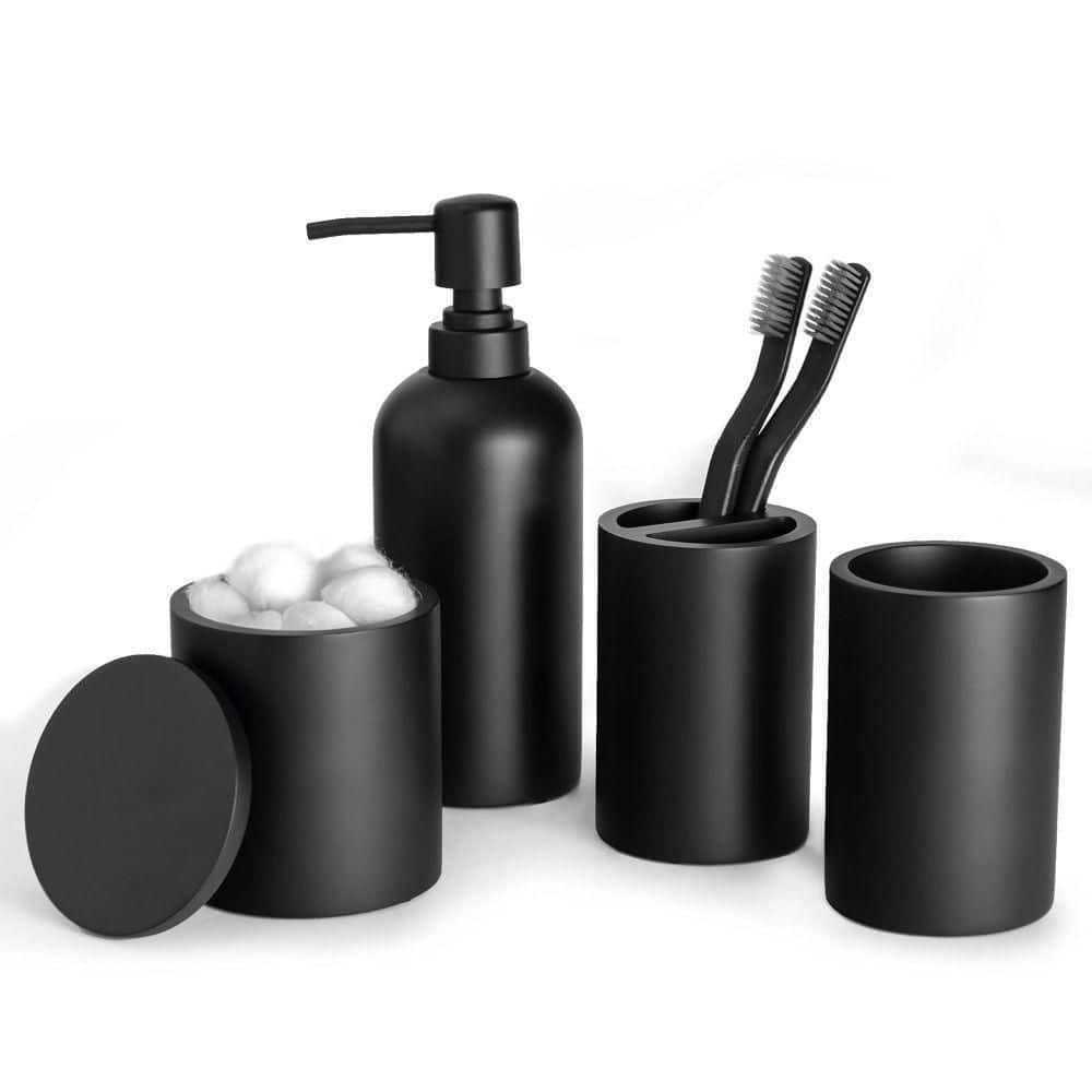 Dracelo 4-Piece Bathroom Accessory Set with Soap Dispenser, Bathroom Jars, Toothbrush Cup, Brush Holder in Black
