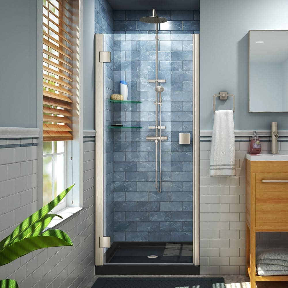 DreamLine Lumen 42 in. x 72 in. Semi-Frameless Hinged Shower Door in Brushed Nickel with 42 in. x 32 in. Base in Black