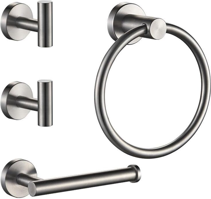 FORIOUS Bathroom Accessory Set With Robe Hooks,Towel Ring,Toilet Paper Holder in Brushed Nickel 4-Piece