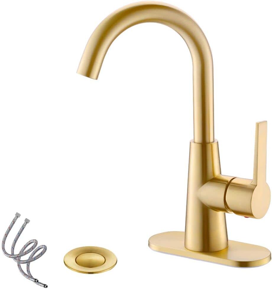 Phiestina 4 in. Centrest Single-Handle Bathroom Sink Faucet with Deck Plate and Supply Hoses in Brushed Gold