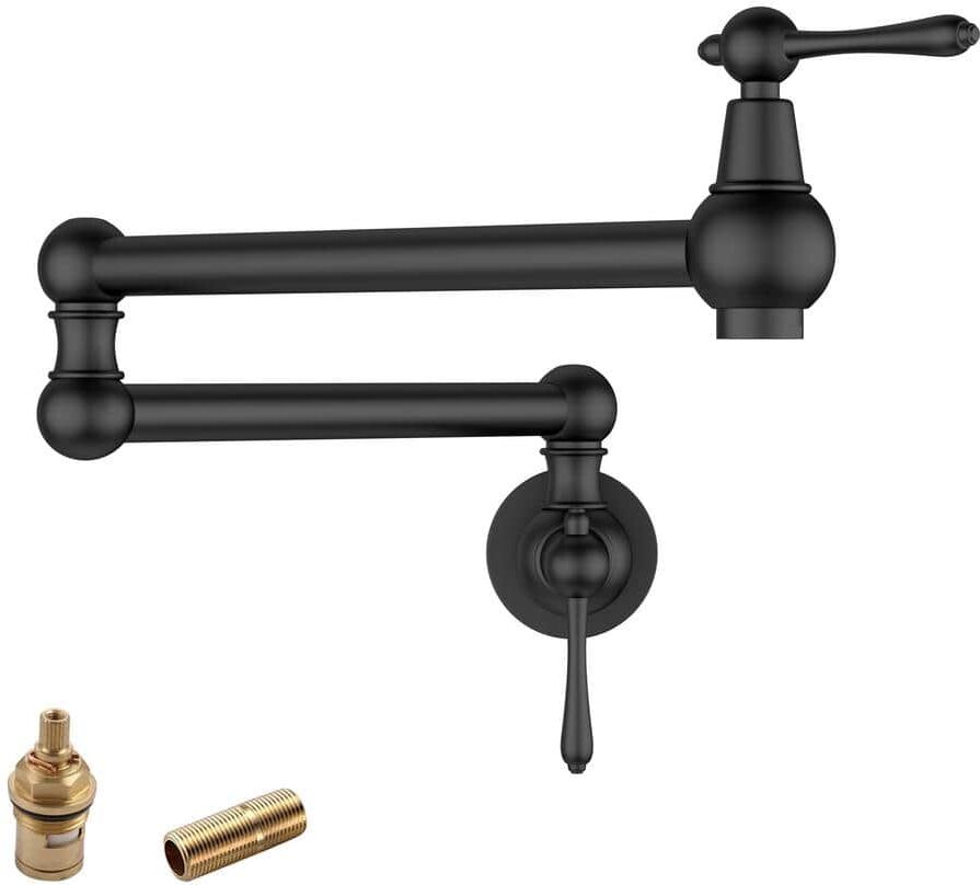 LORDEAR Wall Mount Pot Filler Faucet with 2-Handle Kitchen Sink Faucet in Matte Black