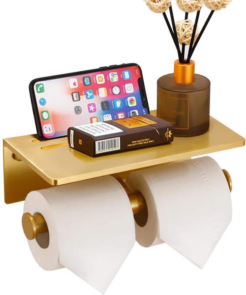 Smarthome Double Toilet Paper Holder with Shelf, Commercial Toilet Paper Roll Dispenser Wall Mount Rack, Gold