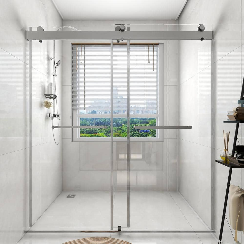 EPOWP 72 in. W x 76 in. H Double Sliding Frameless Shower Door in Stainless Steel Finish with Clear Glass