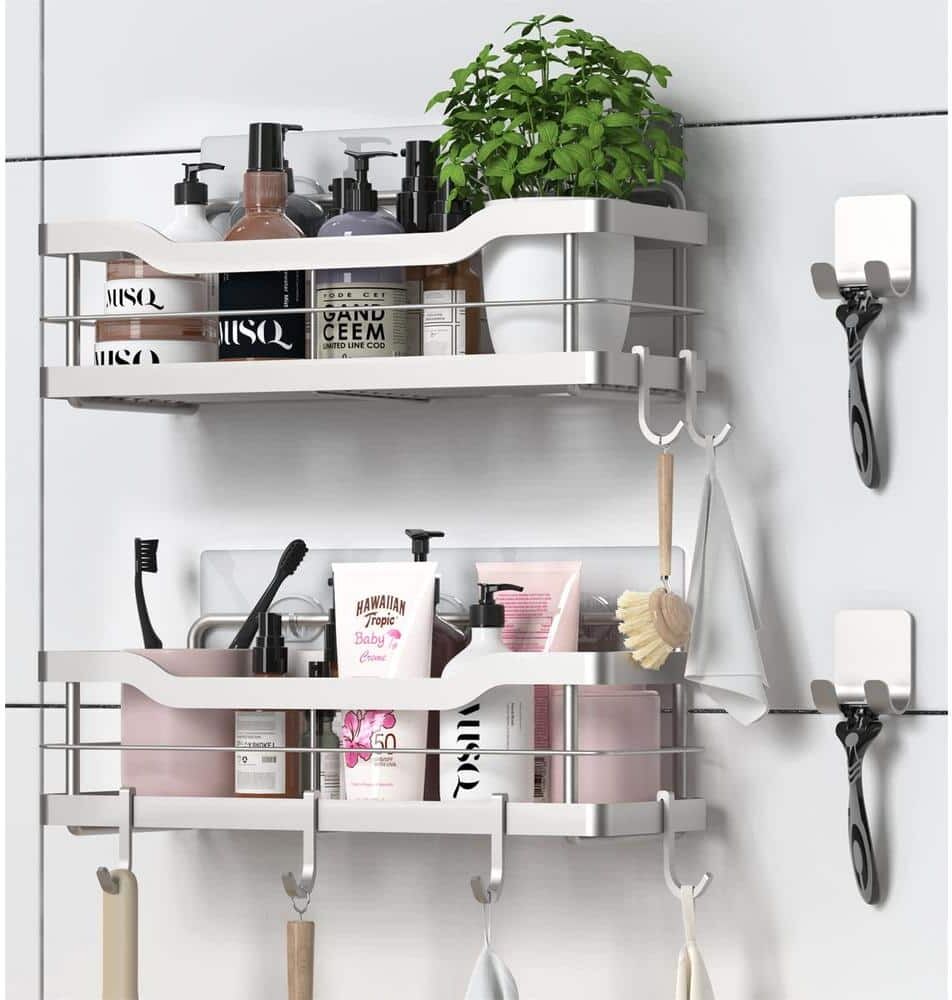 Cubilan Wall Mount Shower Caddy Bathroom Shelf with 8 Hooks in Silver(2-Pack)