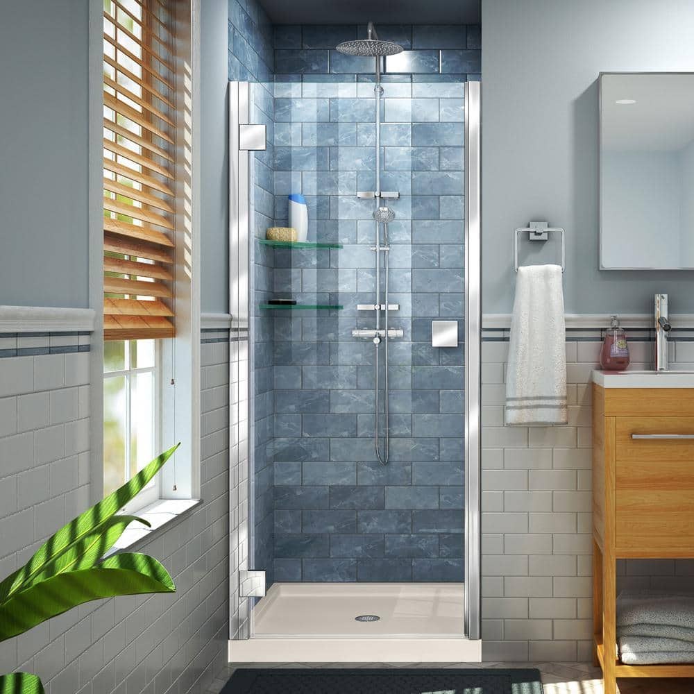 DreamLine Lumen 42 in. x 72 in. Semi-Frameless Hinged Shower Door in Chrome with 42 in. x 32 in. Base in Biscuit