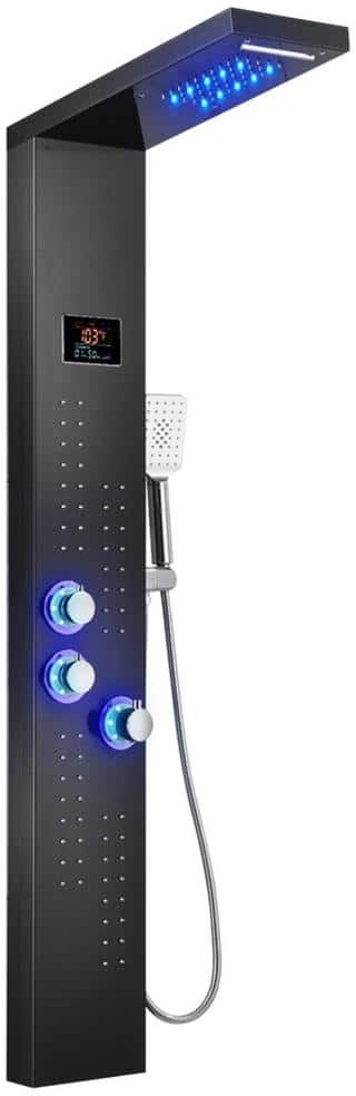 ELLO&ALLO 55 in. 4-Jet Shower Tower System with LED Rainfall Waterfall Head Hand-Shower and Thermostatic Valve in Brushed Black