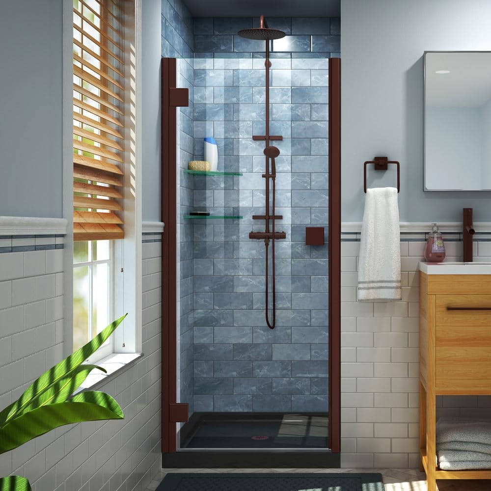 DreamLine Lumen 42 in. x 72 in. Semi-Frameless Hinged Shower Door in Oil Rubbed Bronze with 42 in. x 32 in. Base in Black