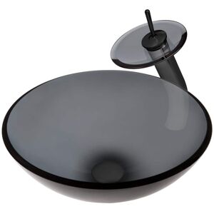 Novatto Nera Grey Glass Round Vessel Sink with Drain, Mounting Ring and Faucet in Matte Black