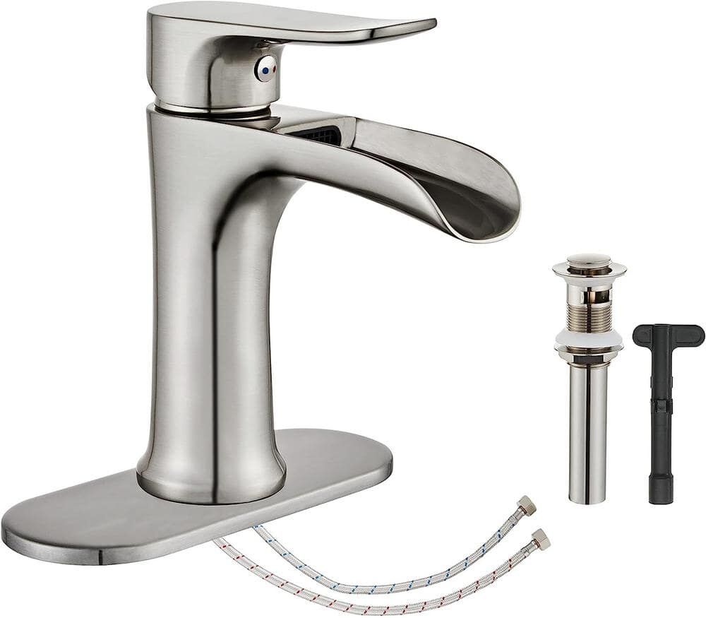 Dyiom Brushed Nickel Bathroom Faucet, Waterfall Bathroom Faucet Pop Up Drain, Single Hole Bathroom Word Bath Accessory Set