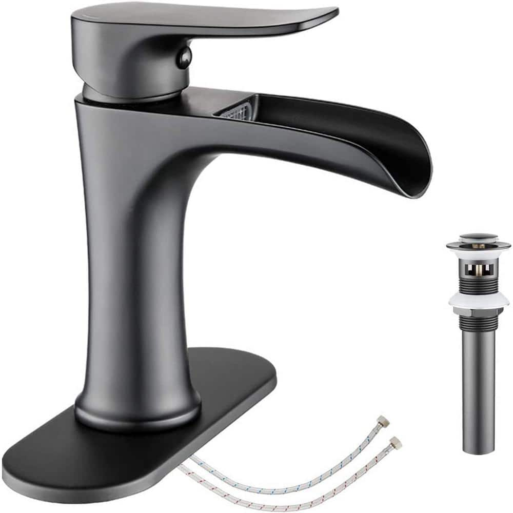 Dyiom Waterfall Bathroom Faucet Black Matte Black Bathroom Faucet with Pop Up Drain Single Handle Word Bath Accessory Set