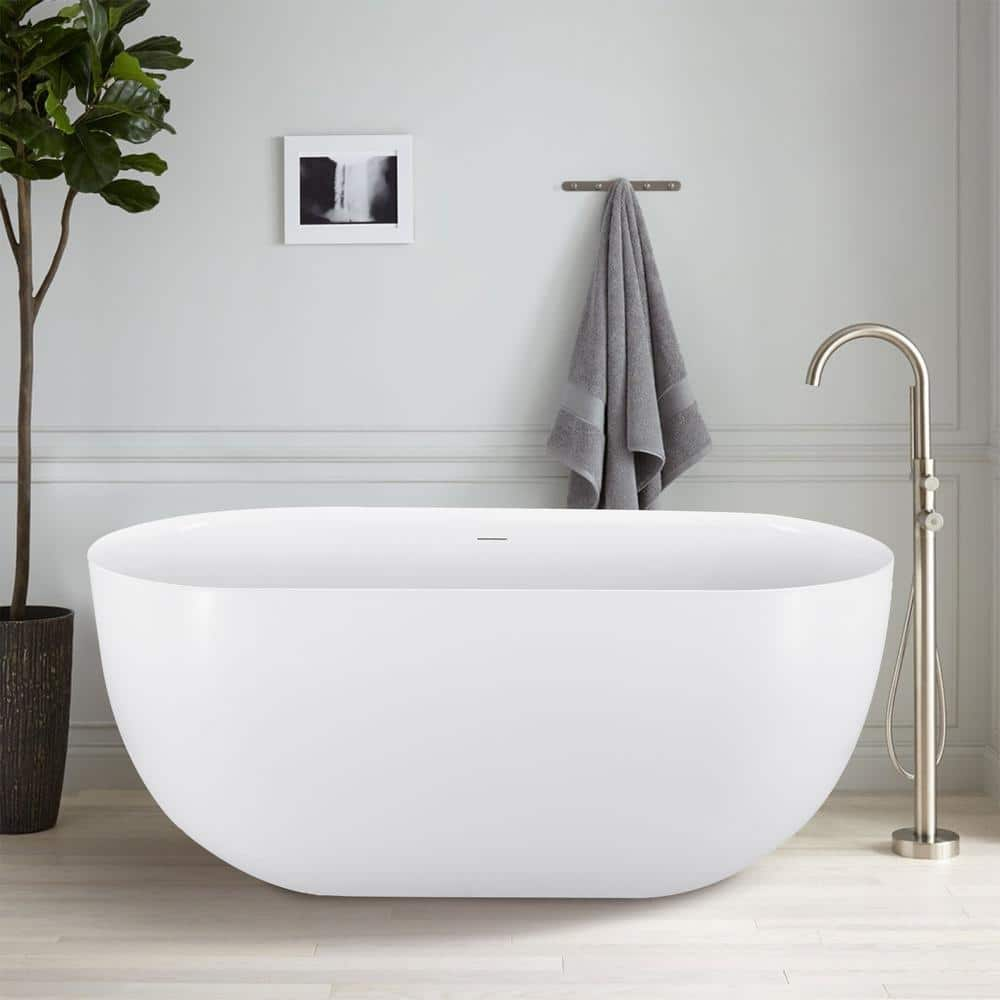 ANGELES HOME 59 in. Acrylic Flatbottom Freestanding Soaking Bathtub in Glossy White Overflow and Pop-Up Drain