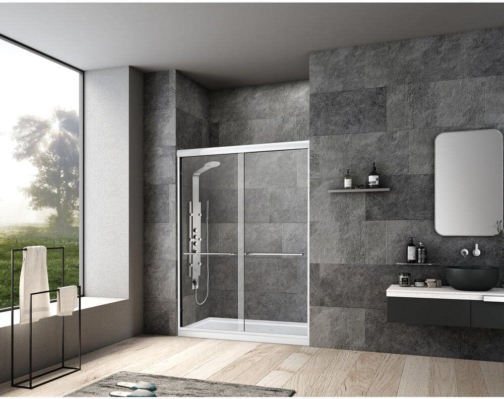 Vanity Art 60 in. W x 76 in. H Framed Sliding Shower Door in Brushed Nickel with with Explosion Proof Clear Glass