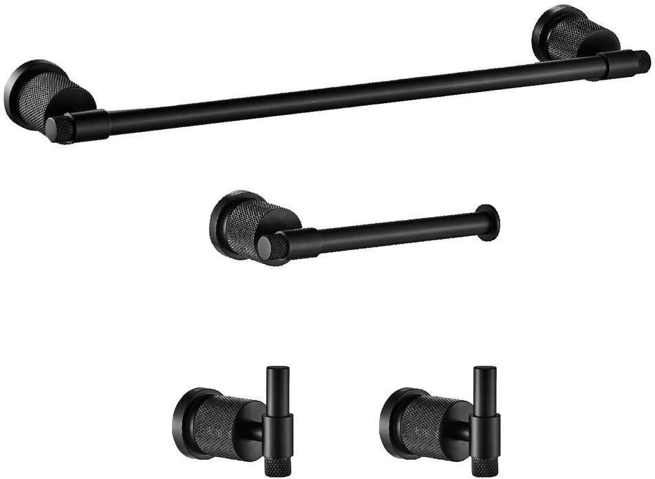 FORIOUS Bathroom Accessories Set 4-pack Towel Bar，Toilet Paper Holder ，2Robe Hooks Zinc Alloy in Matte Black