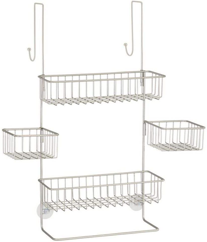 Dracelo Suction Cup Mounted Bathroom Shower Caddy Over the Door Hanging Rack with Soap Dish and Towel Hooks in Satin